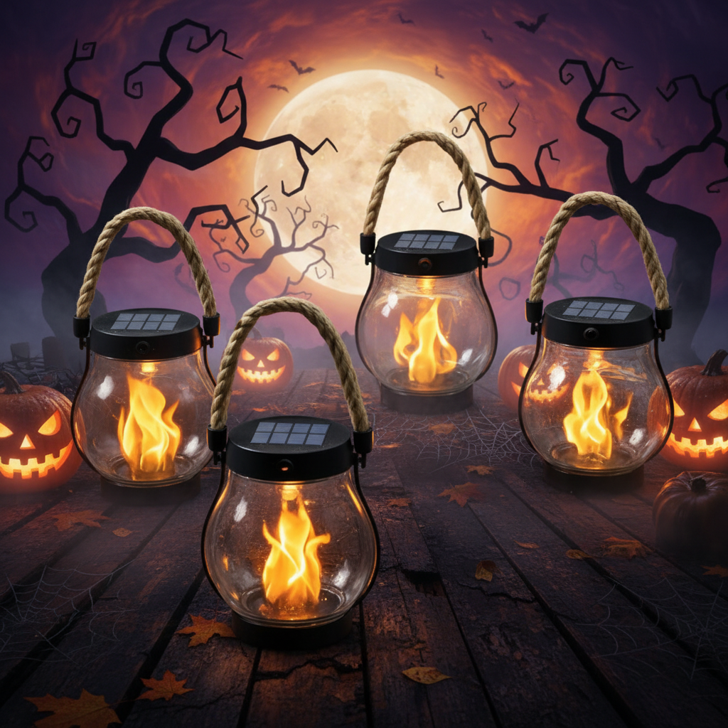 Halloween Outdoor Solar Flame Hanging Lantern with LED Flickering Effect and Usb-C Charging