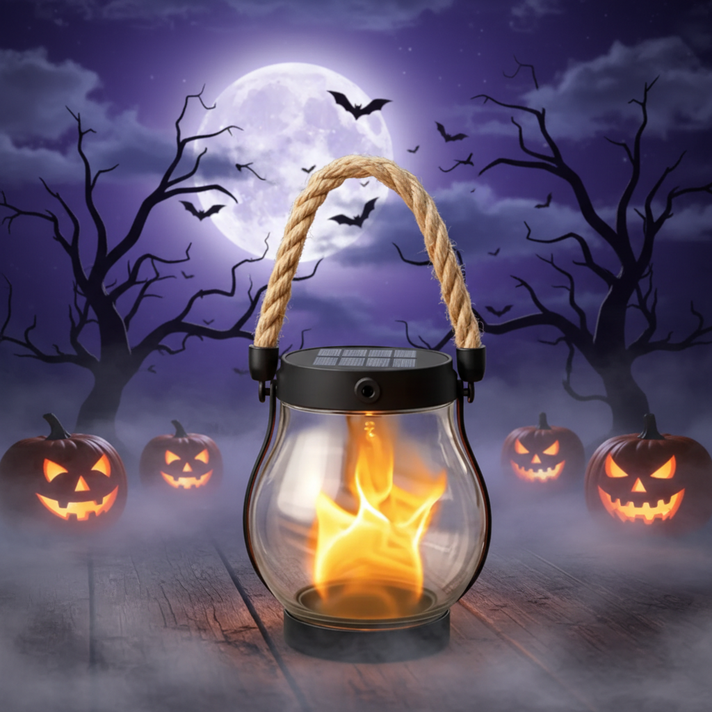 Halloween Outdoor Solar Flame Hanging Lantern with LED Flickering Effect and Usb-C Charging
