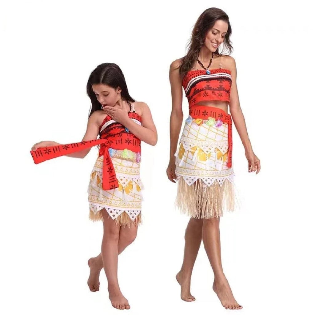 Halloween Princess Costume with Polynesian Geometric Pattern Tube Top and Grass Skirt