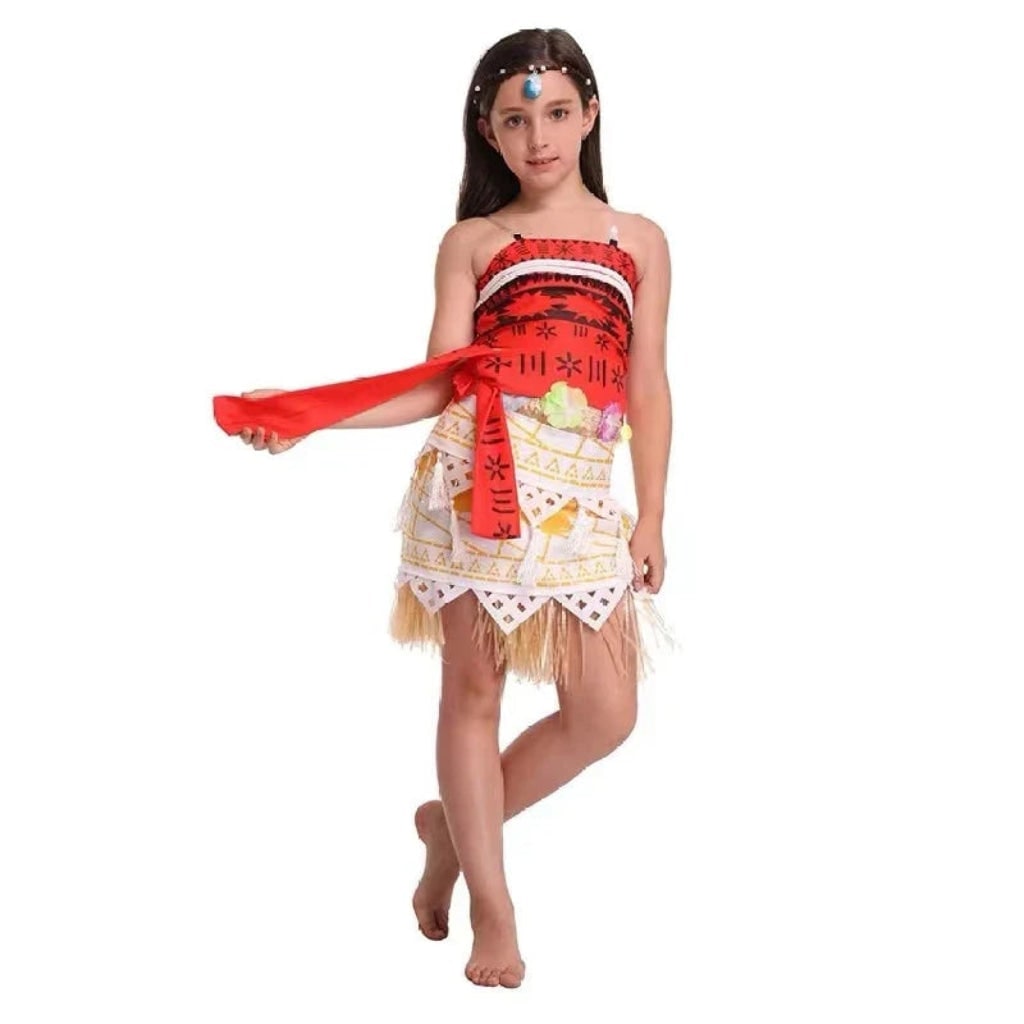 Halloween Princess Costume with Polynesian Geometric Pattern Tube Top and Grass Skirt