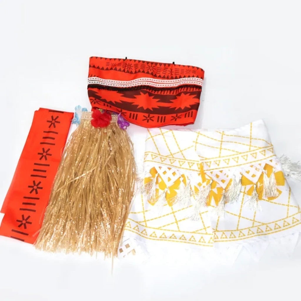 Halloween Princess Costume with Polynesian Geometric Pattern Tube Top and Grass Skirt
