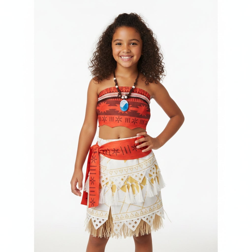 Halloween Princess Costume with Polynesian Geometric Pattern Tube Top and Grass Skirt