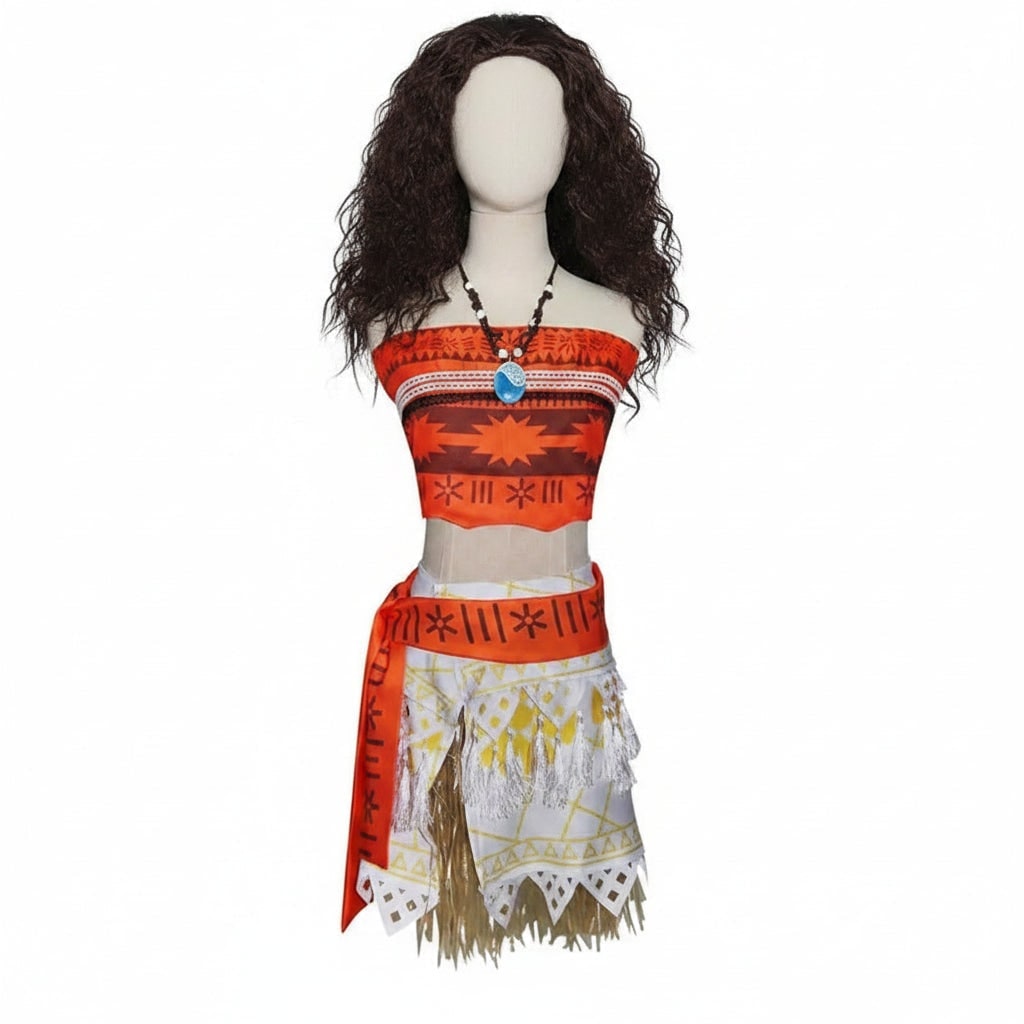 Halloween Princess Costume with Polynesian Geometric Pattern Tube Top and Grass Skirt