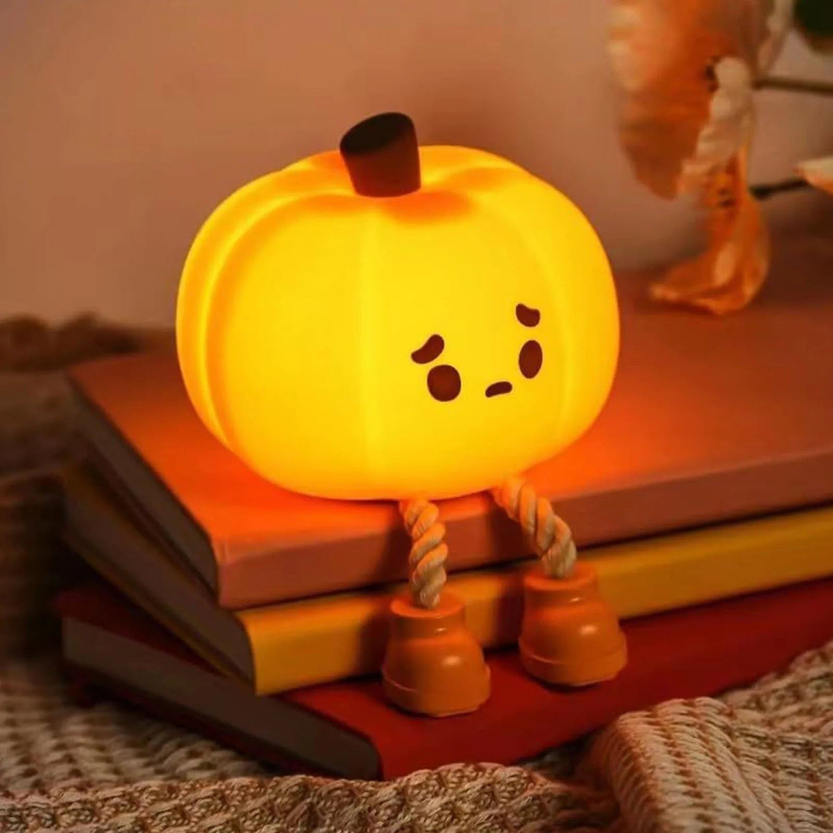 Halloween Pumpkin Night Light Rechargeable LED with Dangling Legs and Sad Face Design