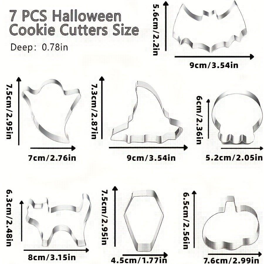 Halloween Stainless Steel Cookie Cutters Set with 7 Shapes Including Bat Ghost Pumpkin Skull