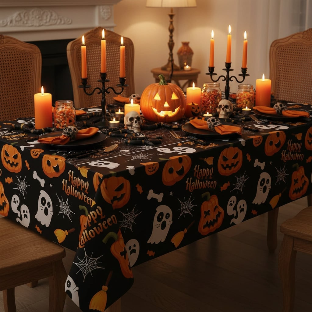Halloween Tablecloth and Table Cover with Spiderweb Ghost Pumpkin Print Waterproof Disposable