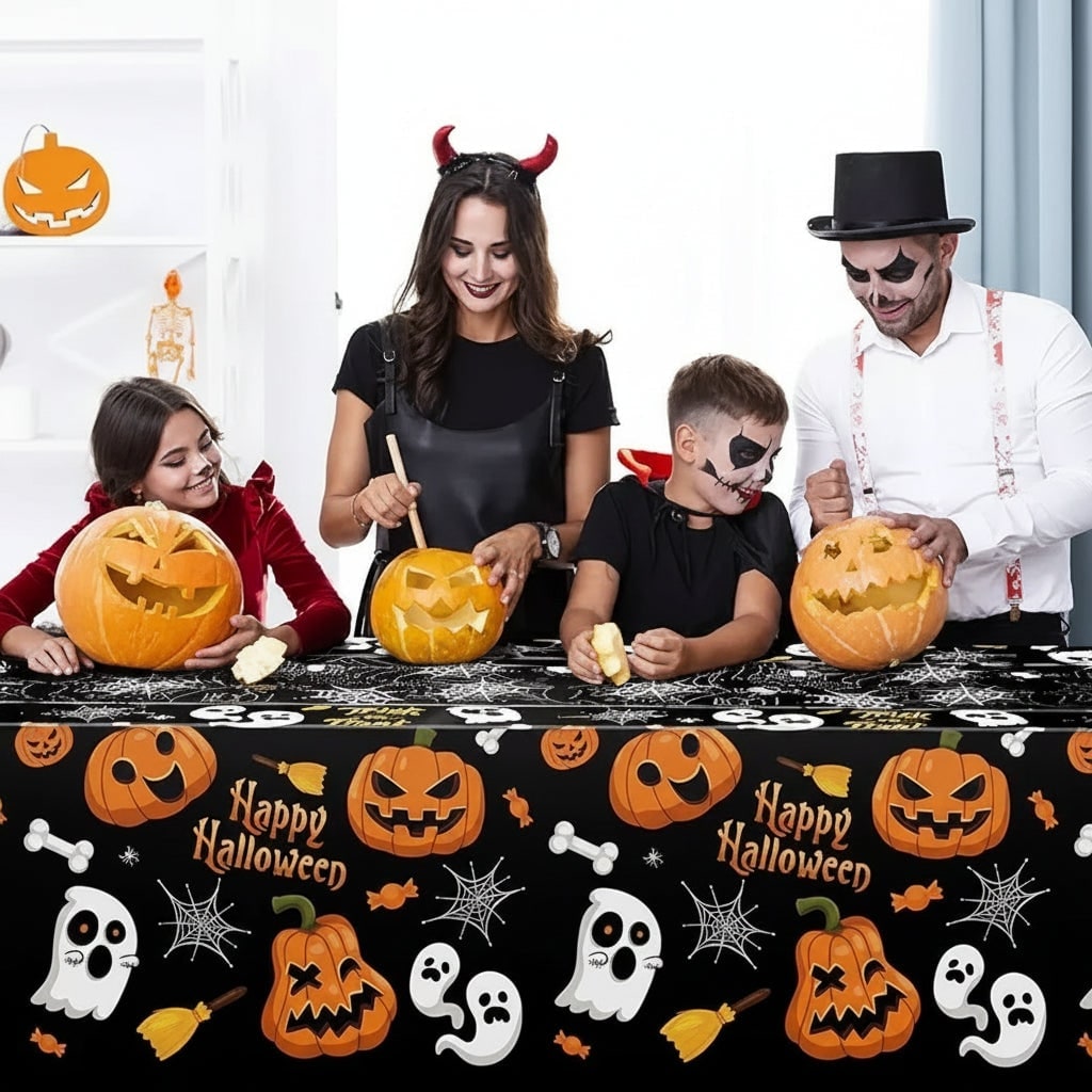 Halloween Tablecloth and Table Cover with Spiderweb Ghost Pumpkin Print Waterproof Disposable