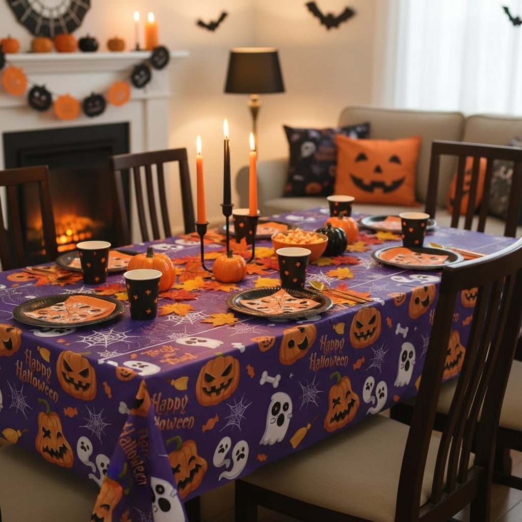 Halloween Tablecloth and Table Cover with Spiderweb Ghost Pumpkin Print Waterproof Disposable