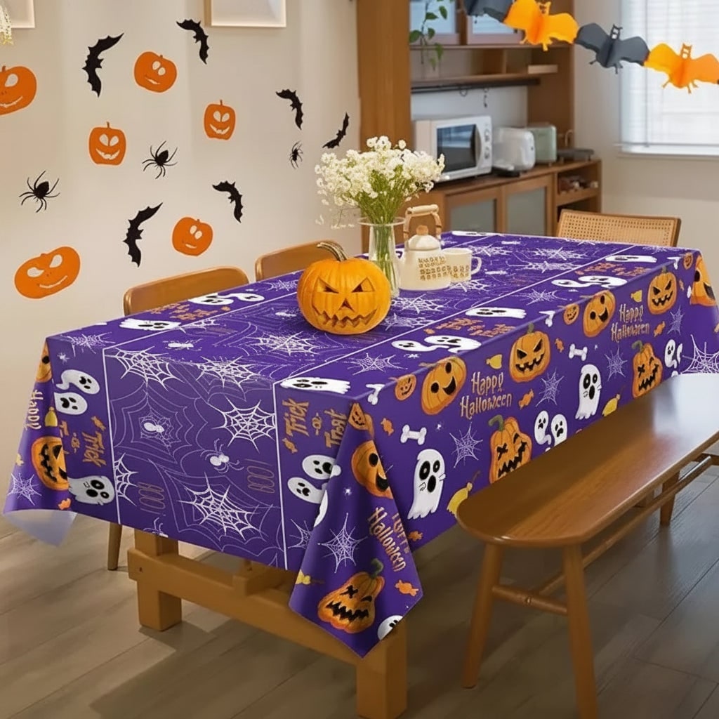 Halloween Tablecloth and Table Cover with Spiderweb Ghost Pumpkin Print Waterproof Disposable
