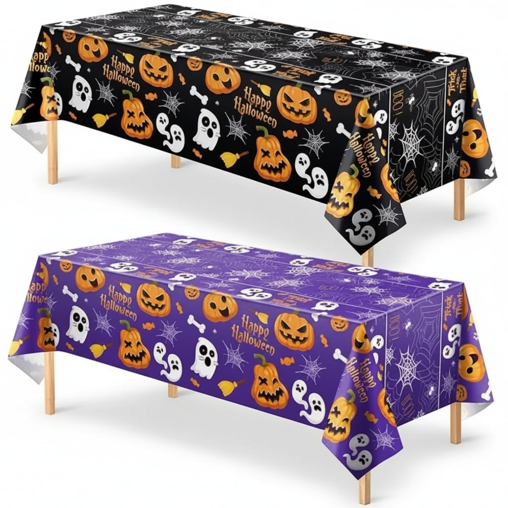 Halloween Tablecloth and Table Cover with Spiderweb Ghost Pumpkin Print Waterproof Disposable