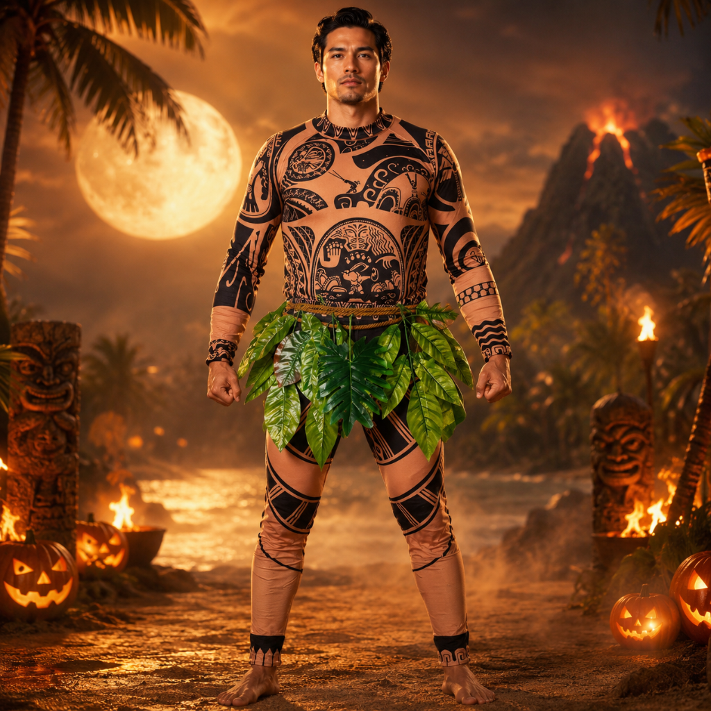 Halloween Tribal Warrior with Tattoo Bodysuit and Leaf Skirt Costume