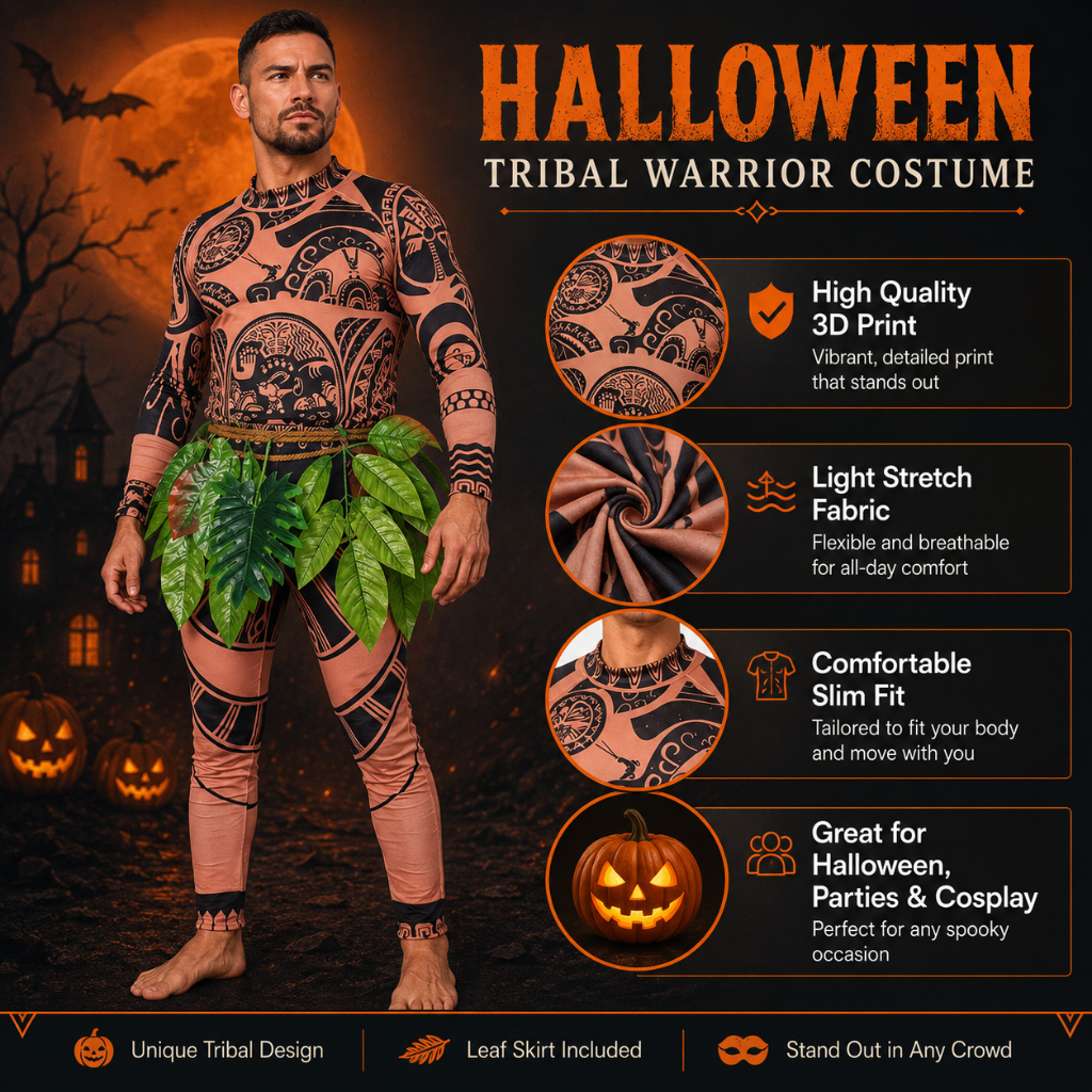 Halloween Tribal Warrior with Tattoo Bodysuit and Leaf Skirt Costume