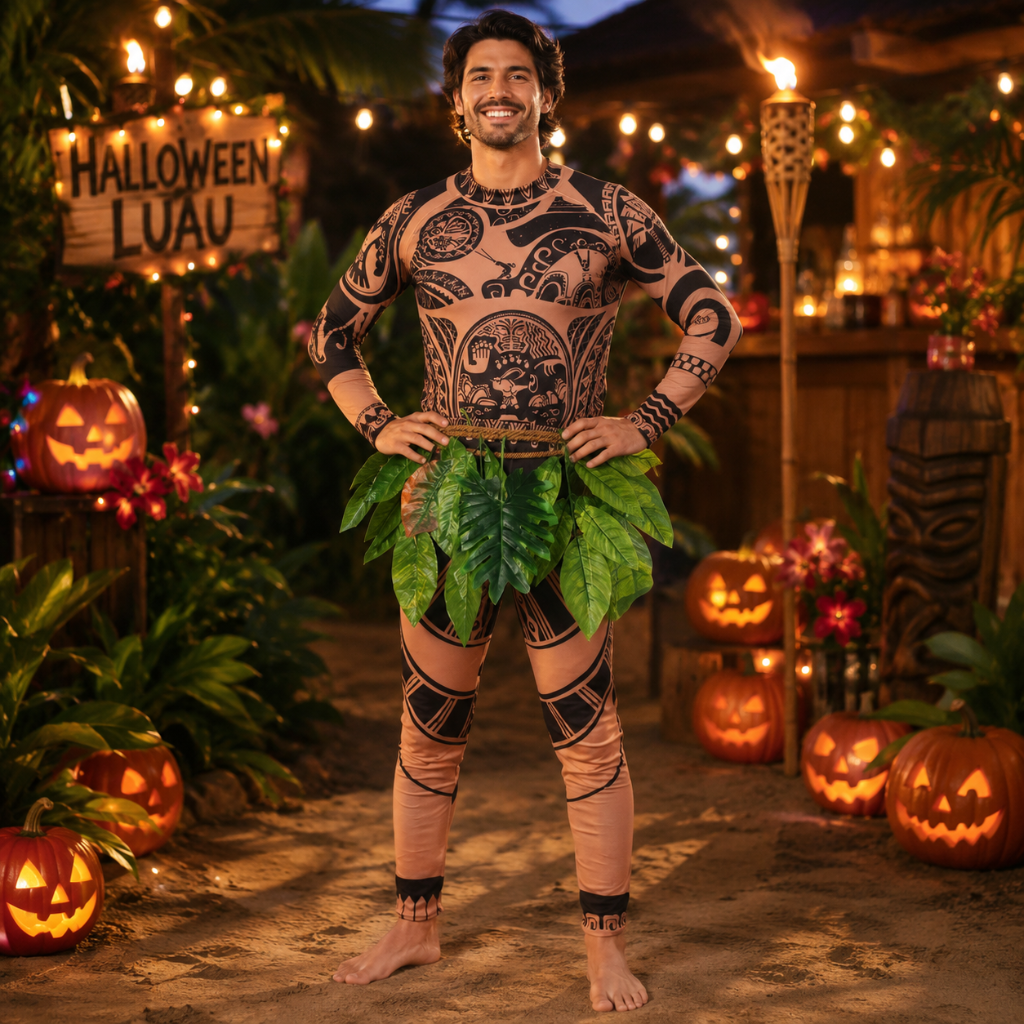 Halloween Tribal Warrior with Tattoo Bodysuit and Leaf Skirt Costume
