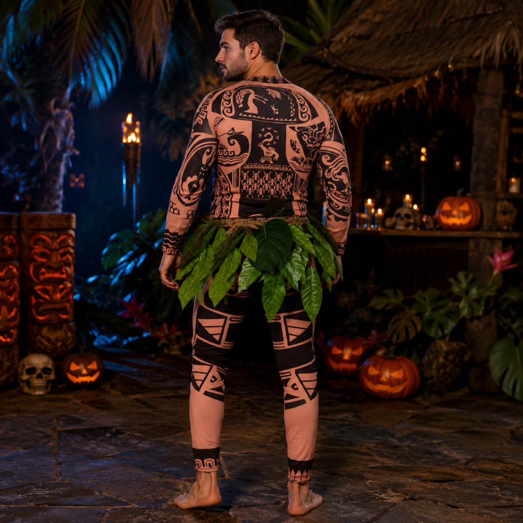 Halloween Tribal Warrior with Tattoo Bodysuit and Leaf Skirt Costume