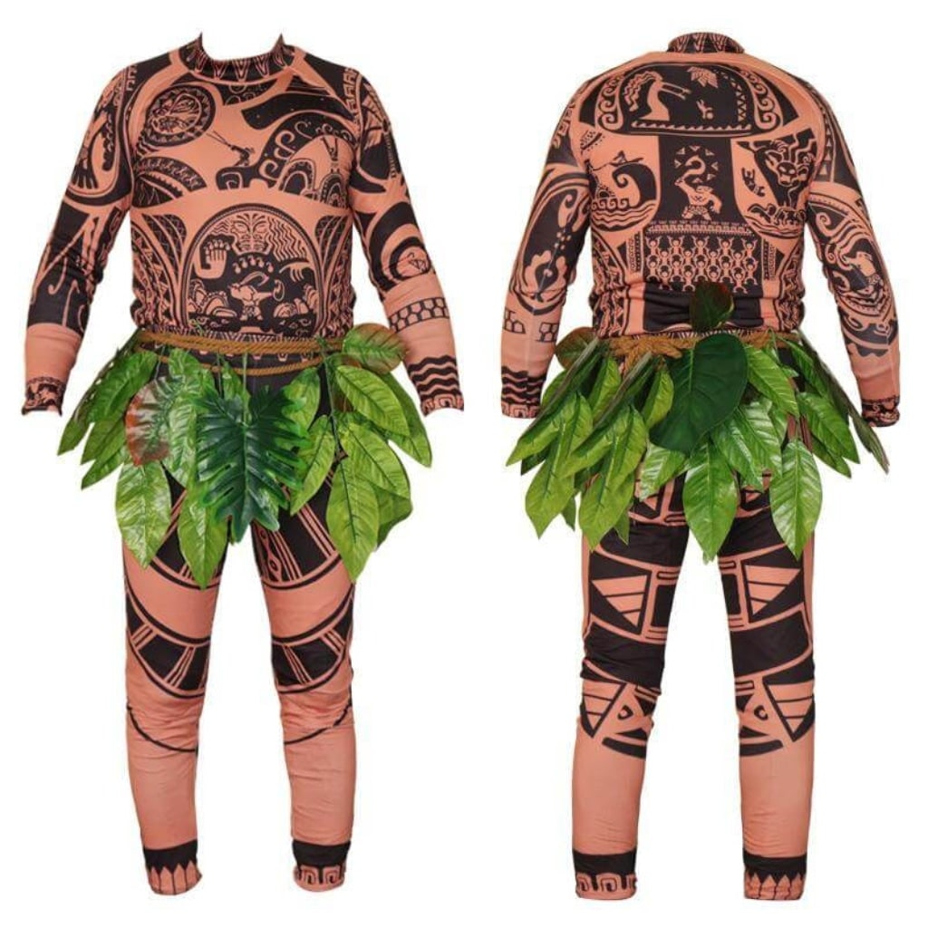 Halloween Tribal Warrior with Tattoo Bodysuit and Leaf Skirt Costume