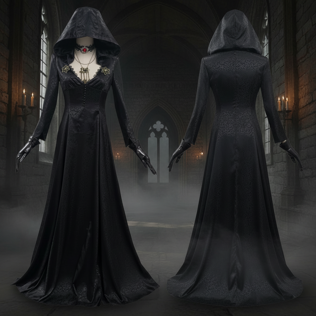 Halloween Vampire Costume Gothic Gown with Choker and Lace Details