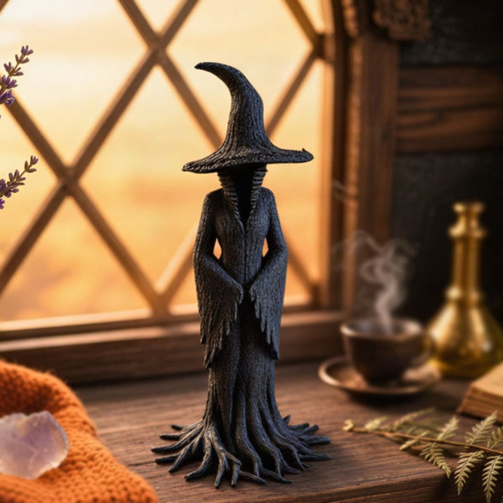 Halloween Witch Decoration Figurine with Textured Resin Tree Root Base for Spooky Statue