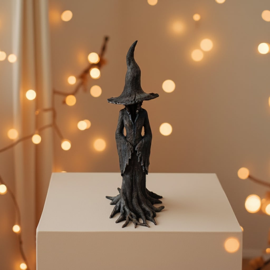 Halloween Witch Decoration Figurine with Textured Resin Tree Root Base for Spooky Statue