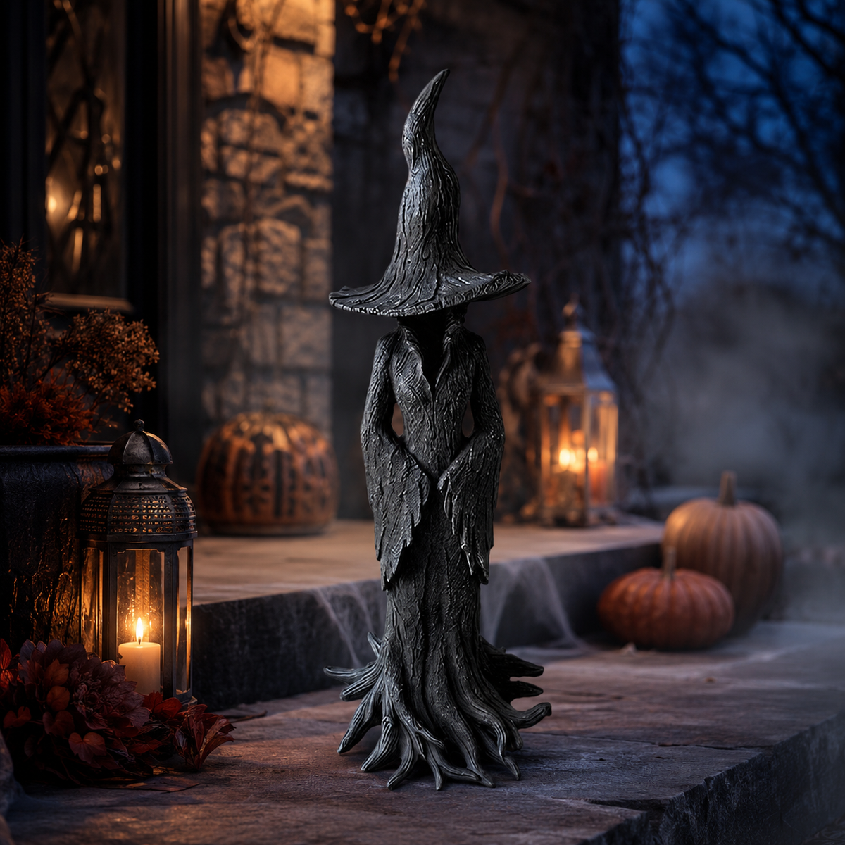 Halloween Witch Decoration Statue for Front Door Decor with Faceless Figurine and Root Base