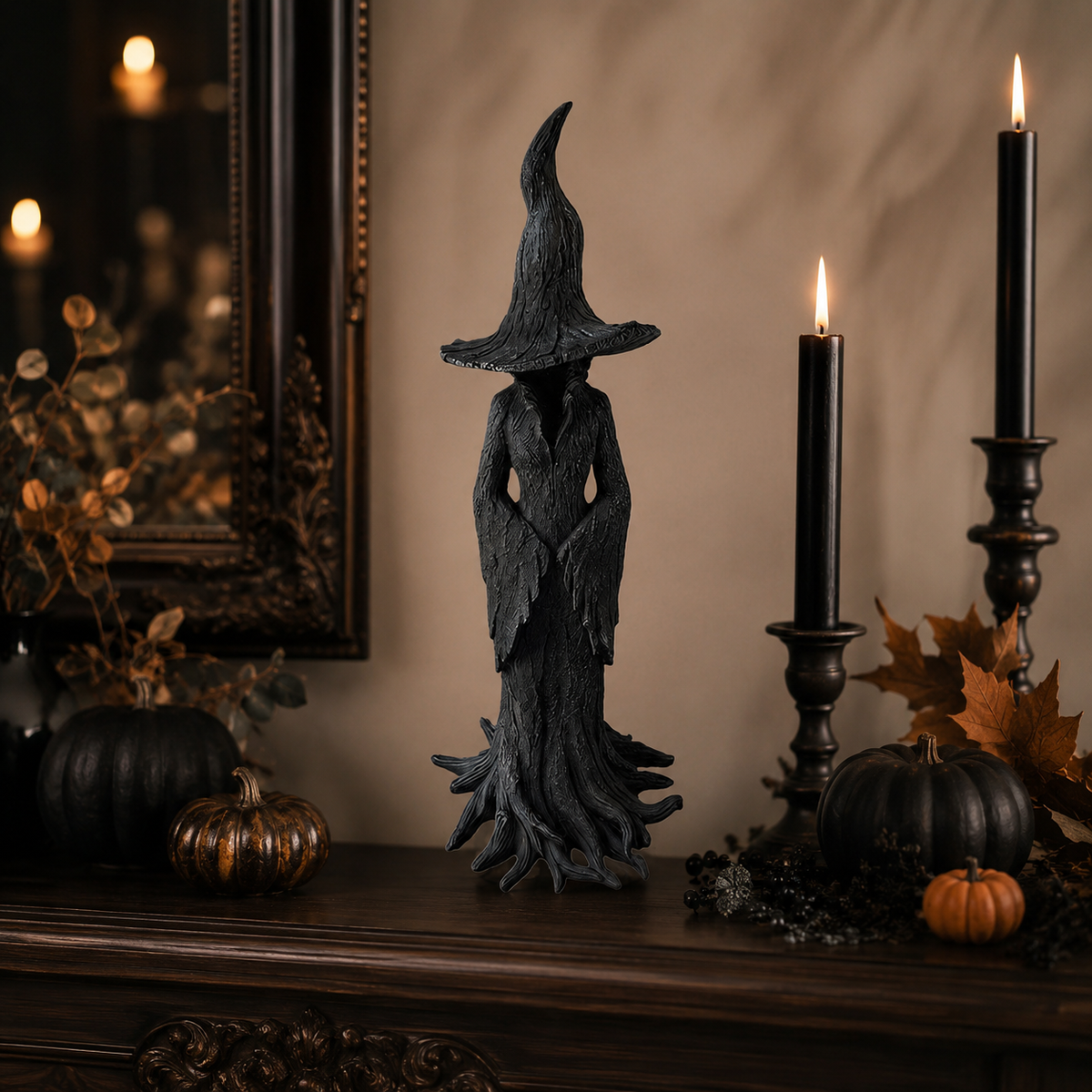 Halloween Witch Decoration Statue for Front Door Decor with Faceless Figurine and Root Base