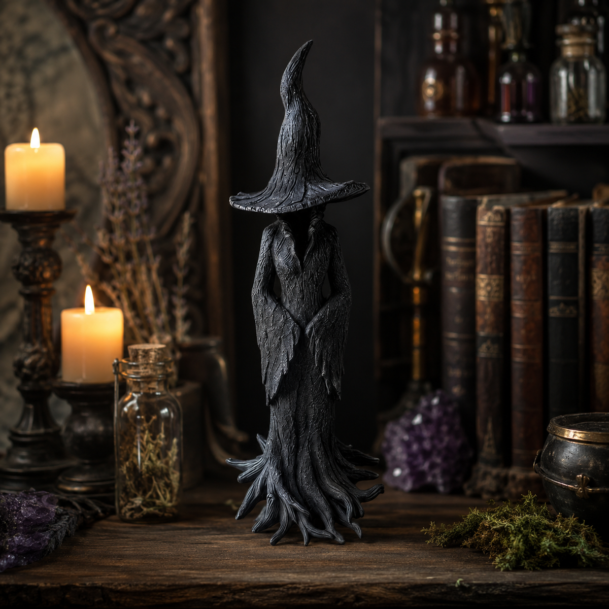 Halloween Witch Decoration Statue for Front Door Decor with Faceless Figurine and Root Base