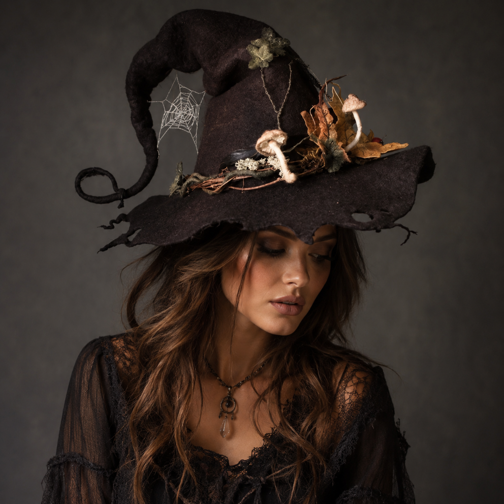 Halloween Witch Hat with Witchcraft Decorations and Curled Tip for Costume Party Witches Pointy