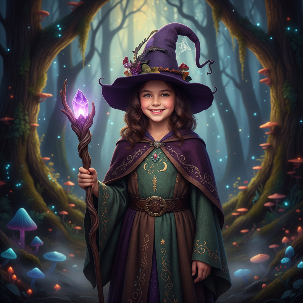 Halloween Witch Hat with Witchcraft Decorations and Curled Tip for Costume Party Witches Pointy