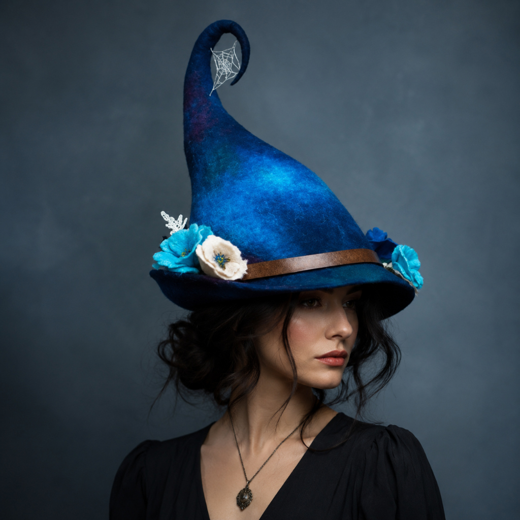 Halloween Witch Hat with Witchcraft Decorations and Curled Tip for Costume Party Witches Pointy