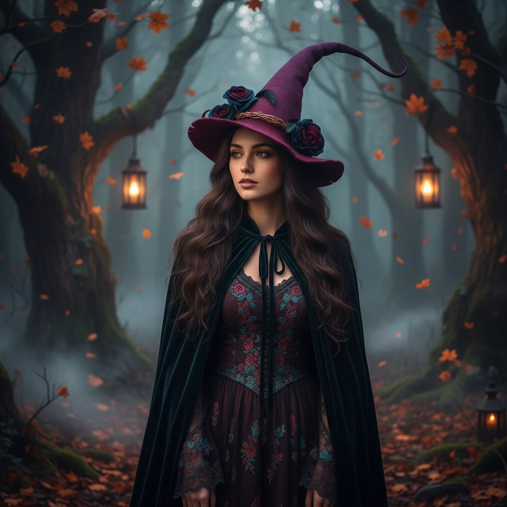 Halloween Witch Hat with Witchcraft Decorations and Curled Tip for Costume Party Witches Pointy