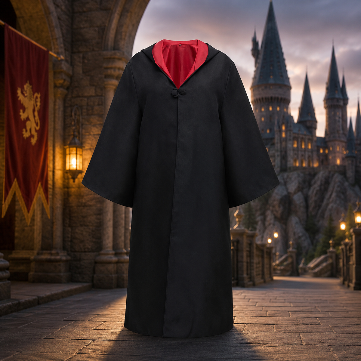 Halloween Wizard Robe Costume with Hood Flared Sleeves and Striped Scarf Cosplay Set