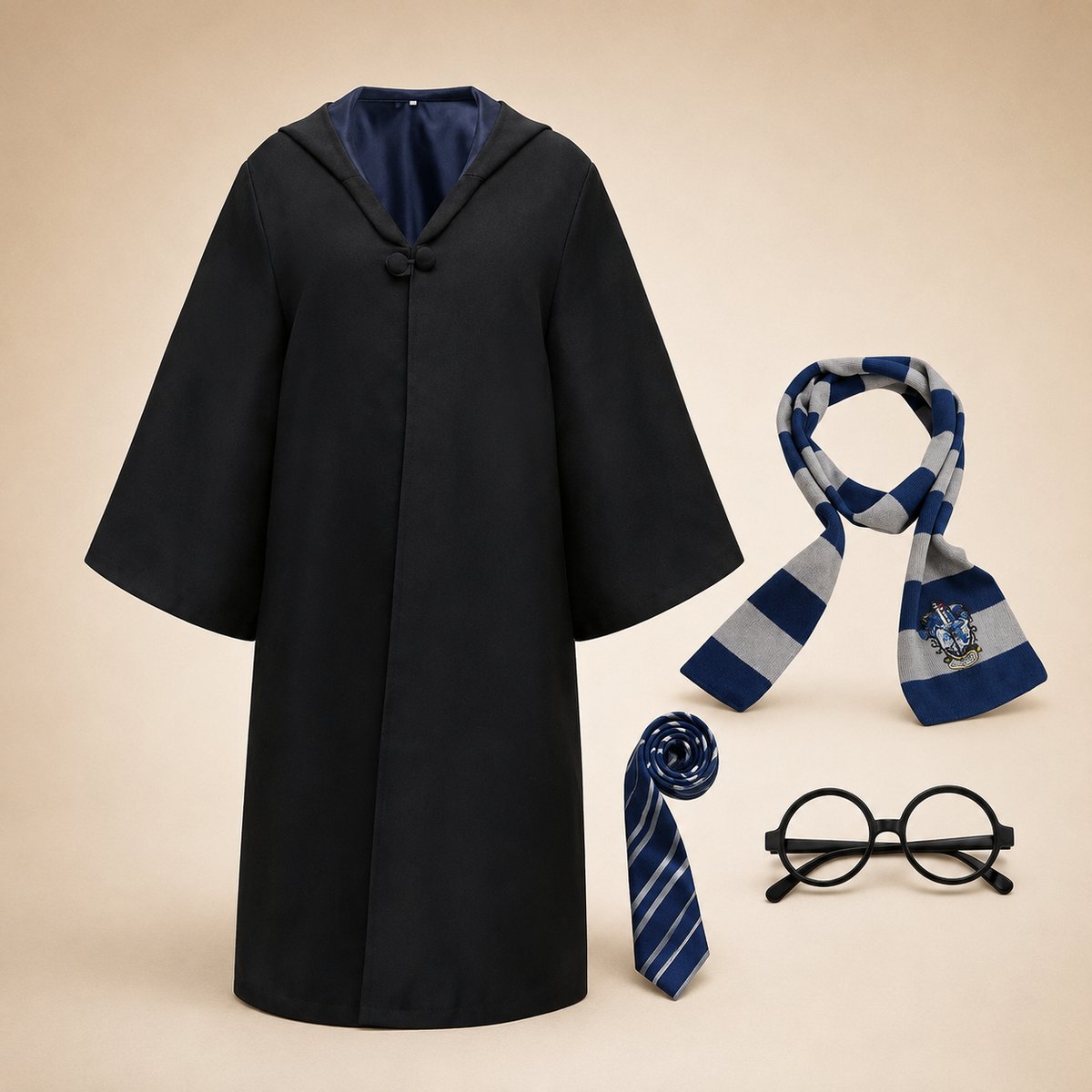 Halloween Wizard Robe Costume with Hood Flared Sleeves and Striped Scarf Cosplay Set