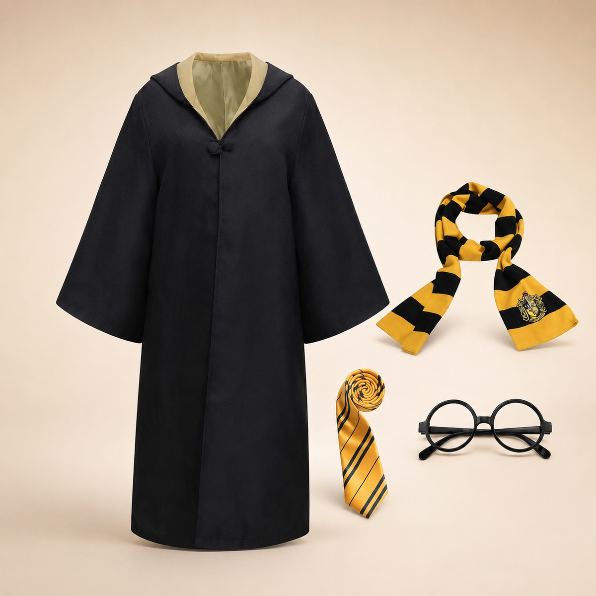 Halloween Wizard Robe Costume with Hood Flared Sleeves and Striped Scarf Cosplay Set
