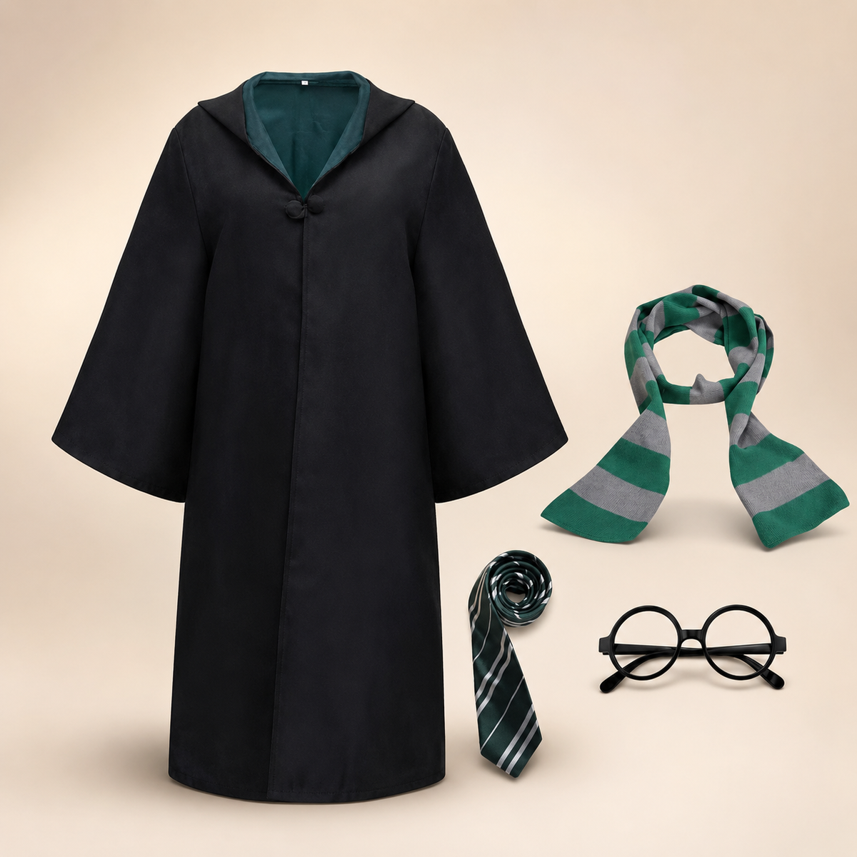 Halloween Wizard Robe Costume with Hood Flared Sleeves and Striped Scarf Cosplay Set
