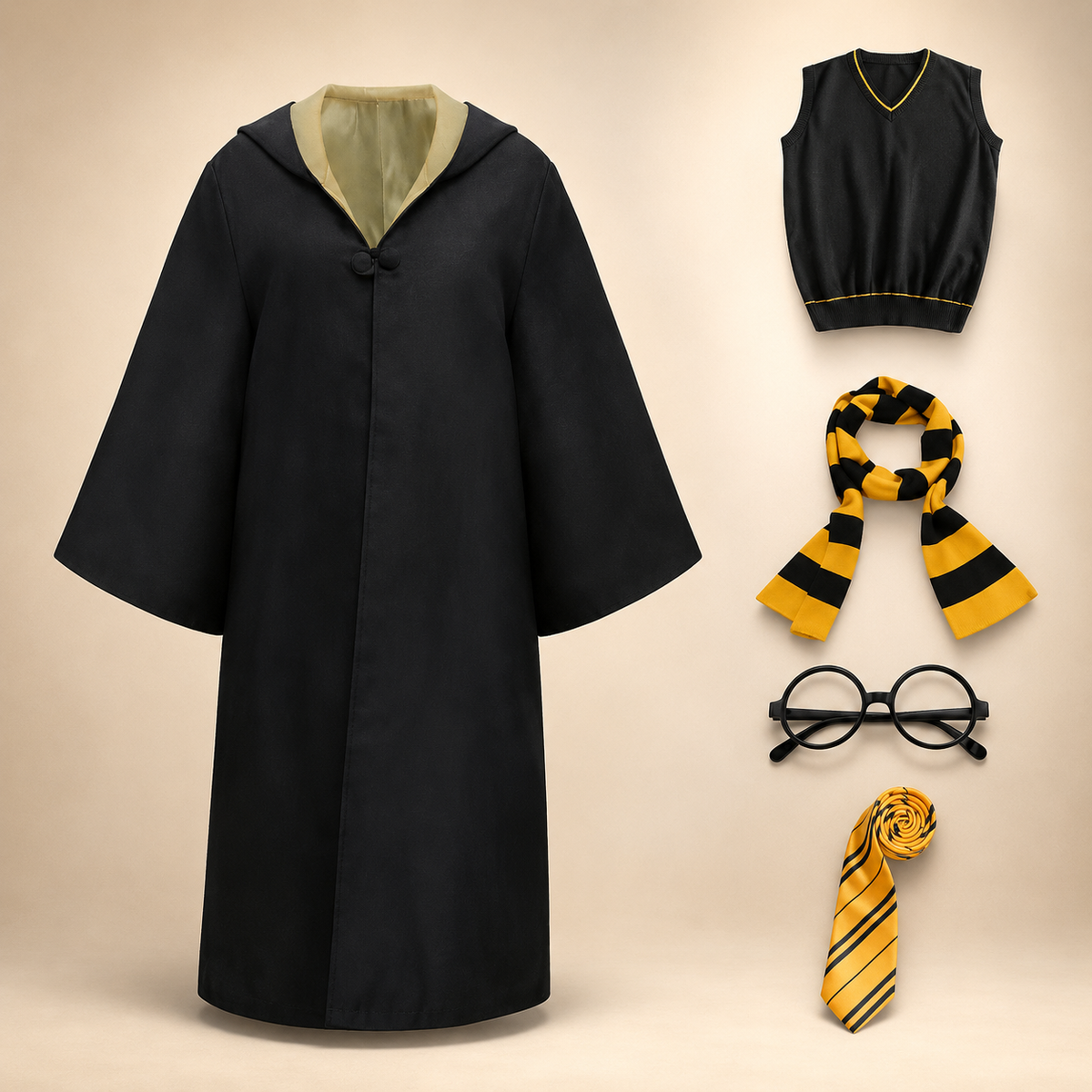 Halloween Wizard Robe Costume with Hood Flared Sleeves and Striped Scarf Cosplay Set