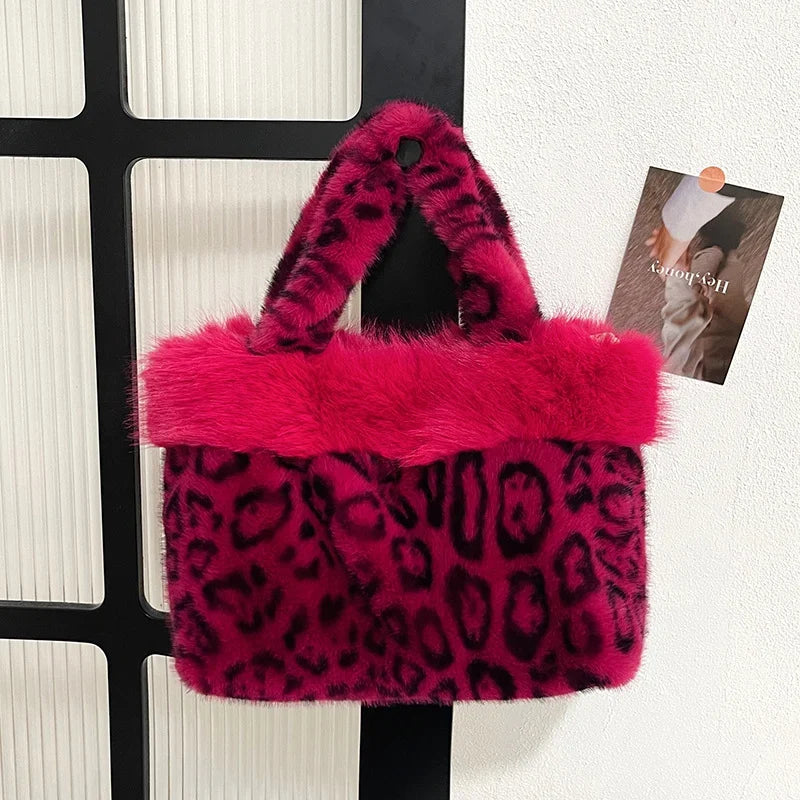 Handbag | Plush Faux Fur Leopard Print & Top Handles