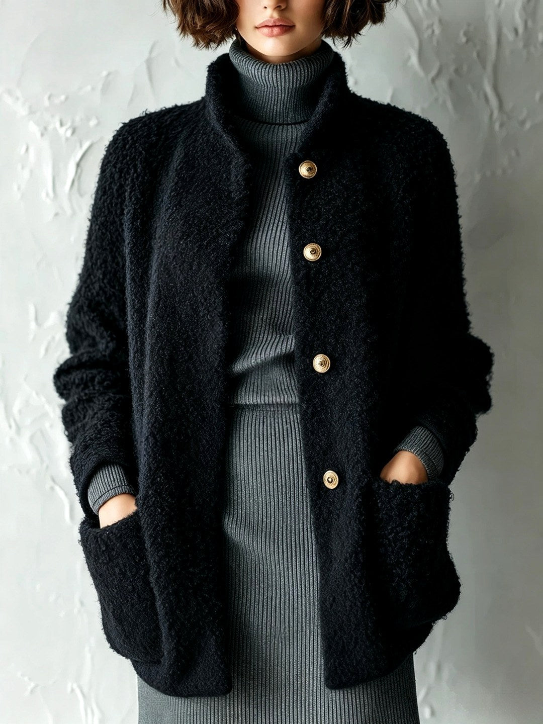 Hannah - Women's Faux Shearling Button-Front Cardigan