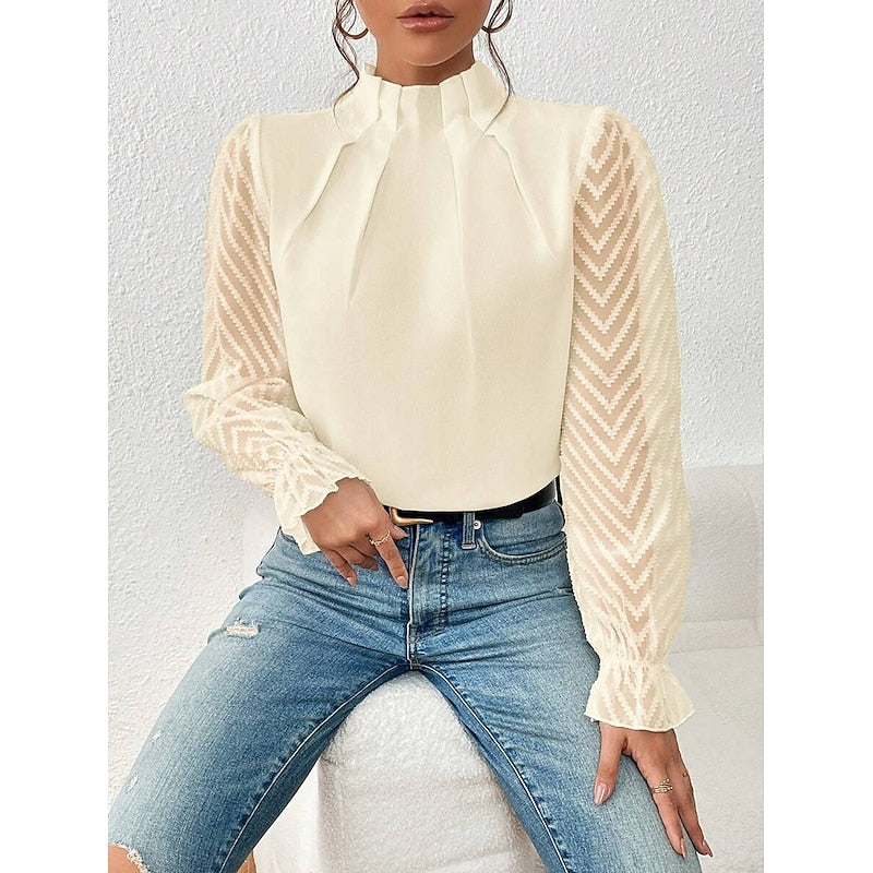 Women's High-Neck Blouse with Textured Sleeves