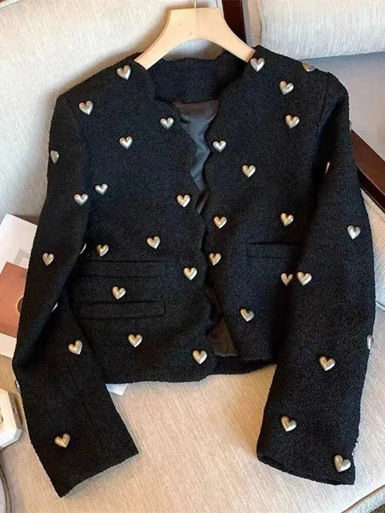 Women's Heart Embellishment Cropped Blazer Collared