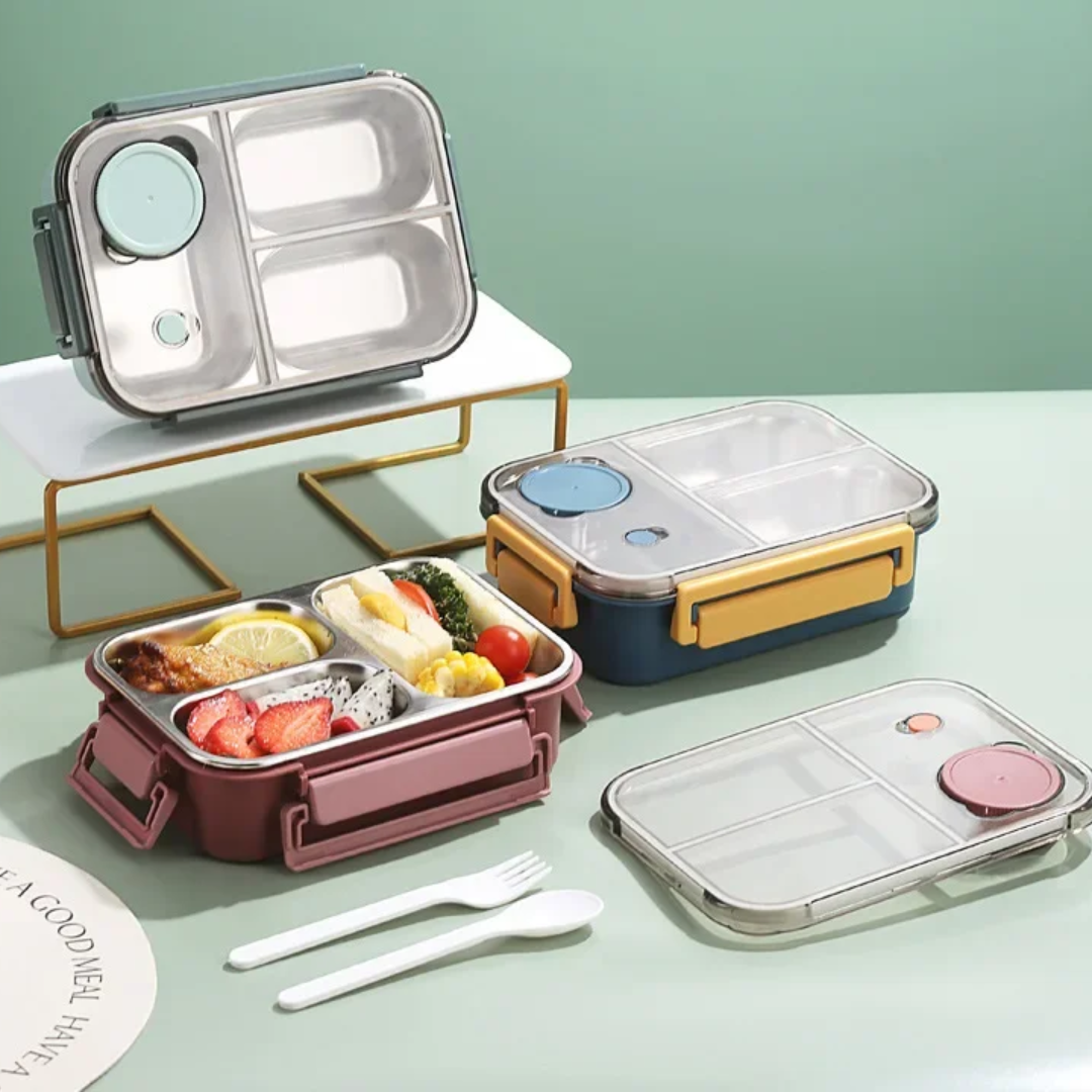 Heatable Stainless Steel Lunch Box with Leak-Proof Snap Locks and Removable Sauce Container