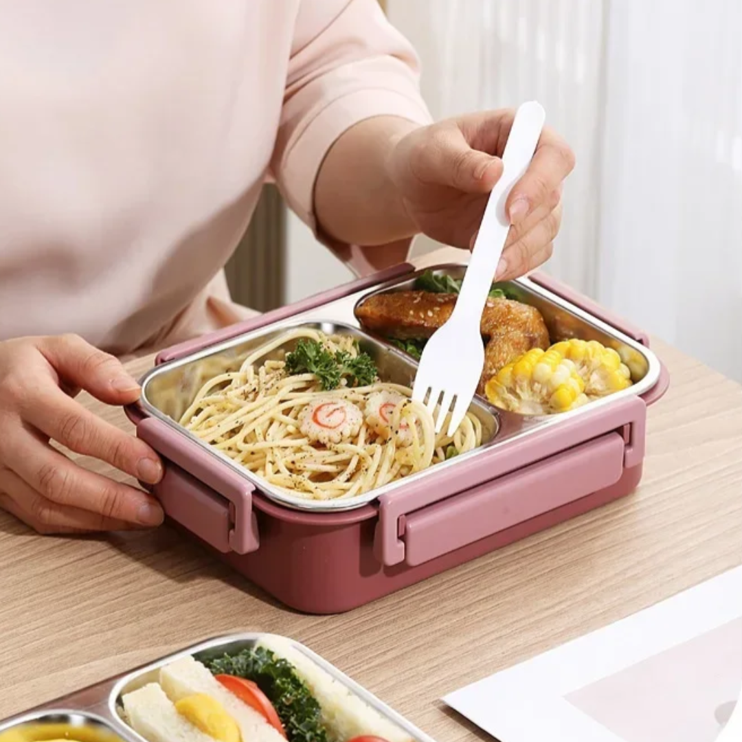 Heatable Stainless Steel Lunch Box with Leak-Proof Snap Locks and Removable Sauce Container