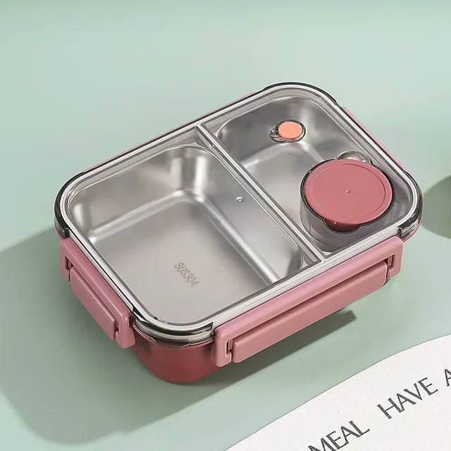 Heatable Stainless Steel Lunch Box with Leak-Proof Snap Locks and Removable Sauce Container