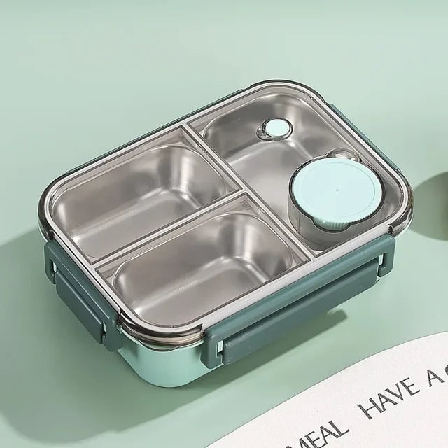 Heatable Stainless Steel Lunch Box with Leak-Proof Snap Locks and Removable Sauce Container
