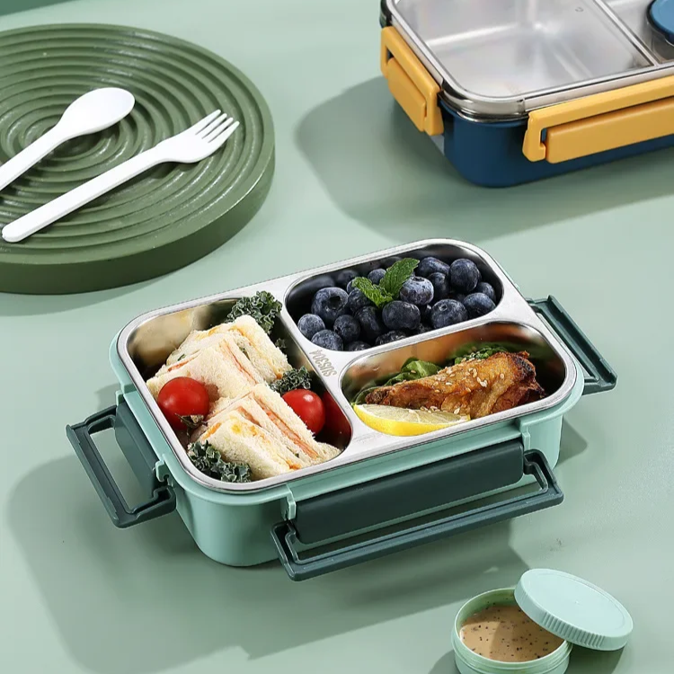 Heatable Stainless Steel Lunch Box with Leak-Proof Snap Locks and Removable Sauce Container