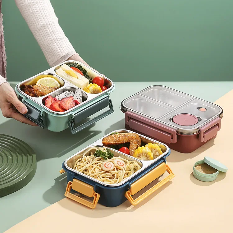 Heatable Stainless Steel Lunch Box with Leak-Proof Snap Locks and Removable Sauce Container