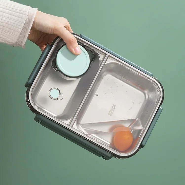 Heatable Stainless Steel Lunch Box with Leak-Proof Snap Locks and Removable Sauce Container