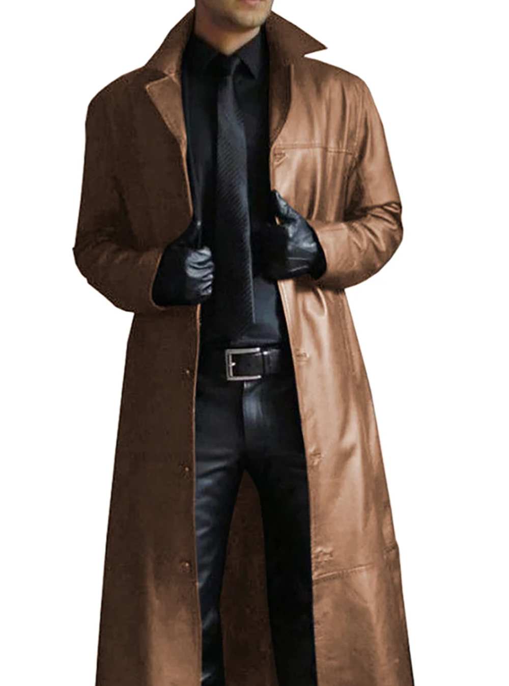 Ian | Men's Long Leather Trench Coat Lapel Collar