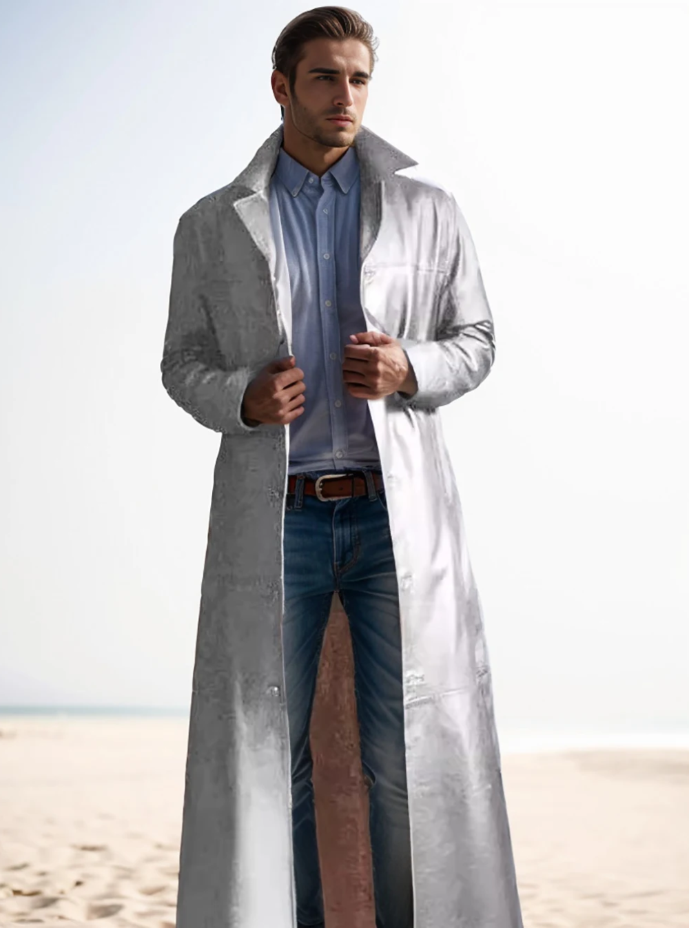 Ian | Men's Long Leather Trench Coat Lapel Collar