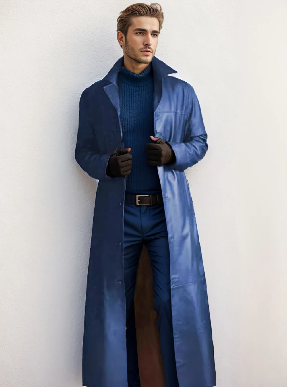Ian | Men's Long Leather Trench Coat Lapel Collar