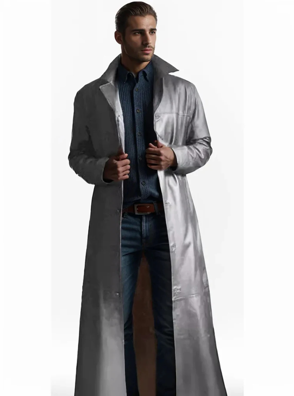 Ian | Men's Long Leather Trench Coat Lapel Collar