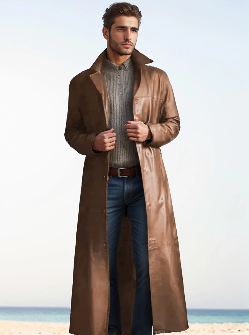 Ian | Men's Long Leather Trench Coat Lapel Collar